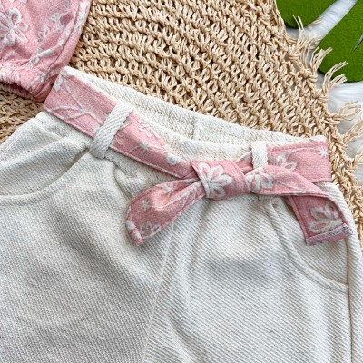Conj. Regata com Flores e Short em Linho - Rose